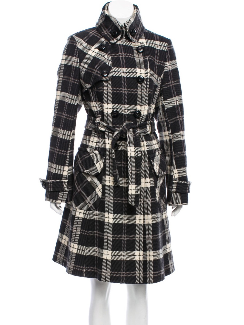 Karen Millen Plaid Wool Belted Trench Coat Black Cream US 6 UK 10
